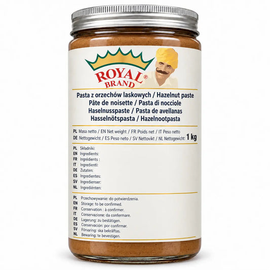 Pasta z orzechów laskowych 1 kg Royal Brand – projekt opakowania w szklanym słoiku