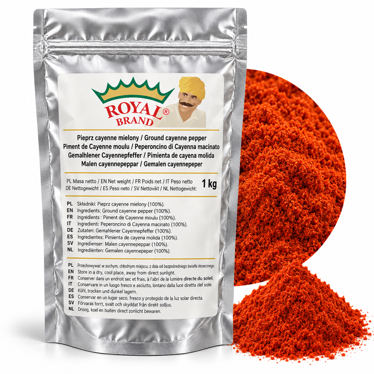 Projekt opakowania: Pieprz cayenne mielony 1 kg Royal Brand; logo Royal Brand do weryfikacji.
