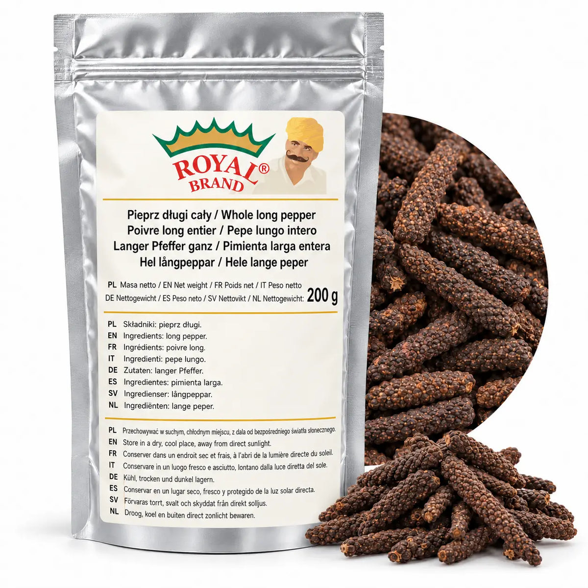 Pieprz długi cały 200 g Royal Brand — srebrny doypak