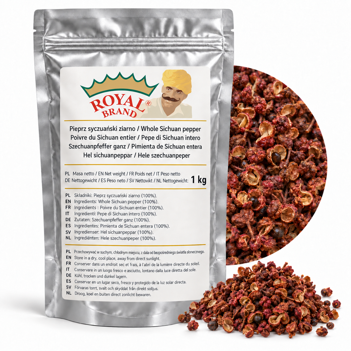 Projekt opakowania: Pieprz syczuański ziarno 1 kg Royal Brand. Logo marki do weryfikacji.