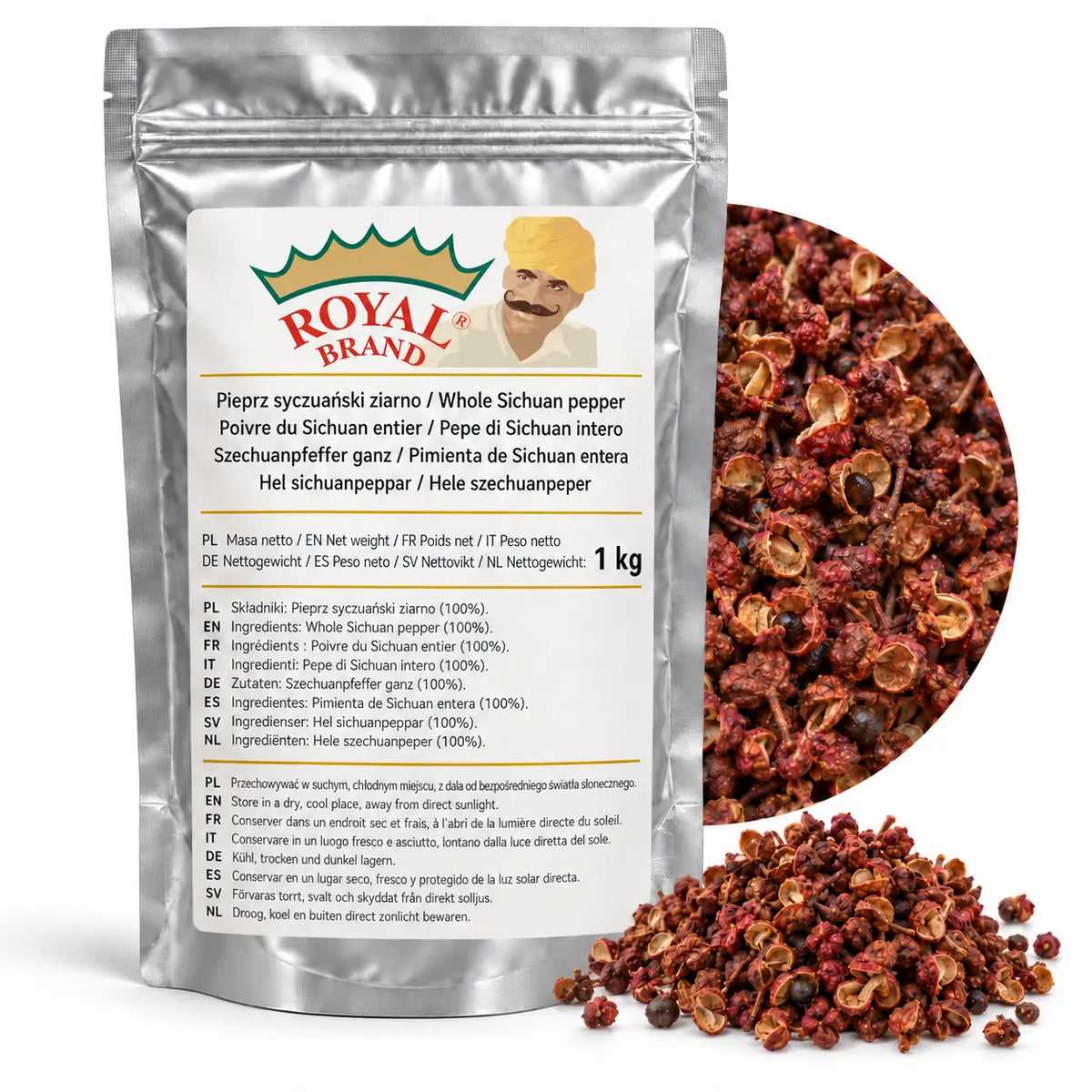 Projekt opakowania: Pieprz syczuański ziarno 1 kg Royal Brand. Logo marki do weryfikacji.