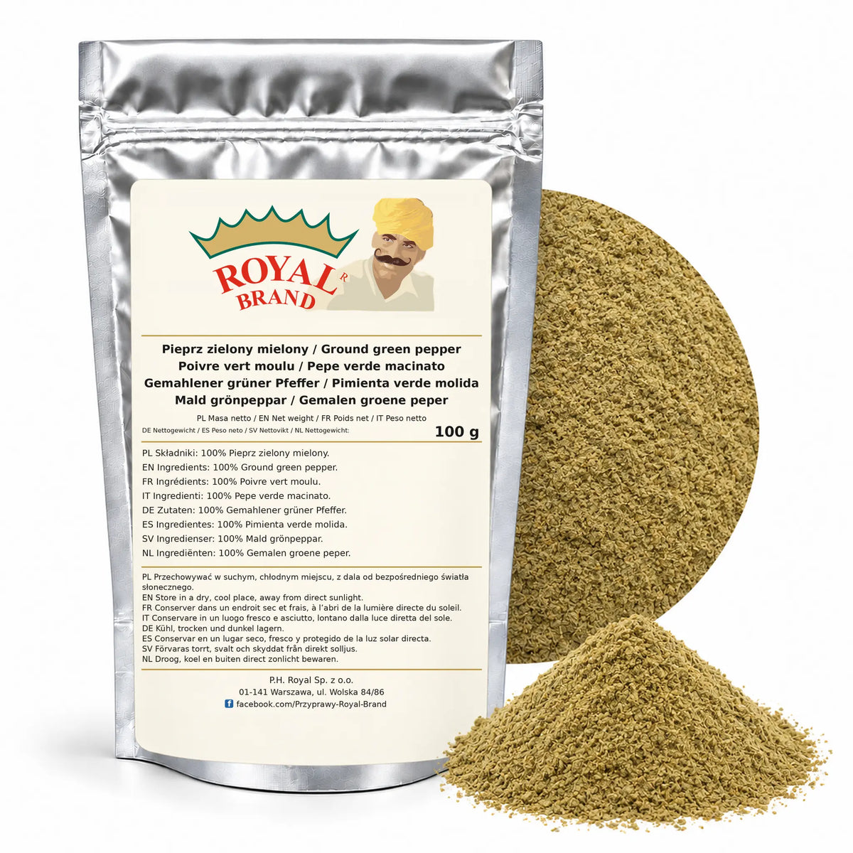 Pieprz zielony mielony 100 g | Royal Brand — srebrne opakowanie, etykieta w 8 językach