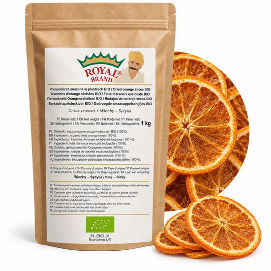 Pomarańcza BIO suszona w plastrach 1 kg z Sycylii w kraftowym doypaku Royal Brand