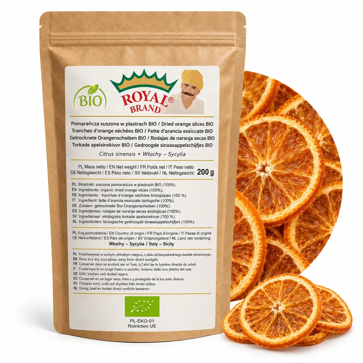 Pomarańcza BIO suszona w plastrach 200 g z Sycylii w kraftowym doypaku Royal Brand