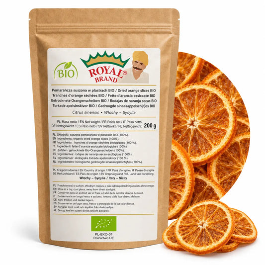 Pomarańcza BIO suszona w plastrach 200 g z Sycylii w kraftowym doypaku Royal Brand