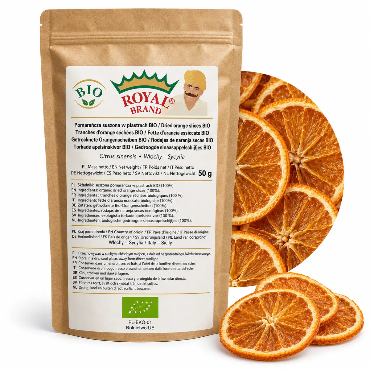 Pomarańcza BIO suszona w plastrach 50 g z Sycylii w kraftowym doypaku Royal Brand