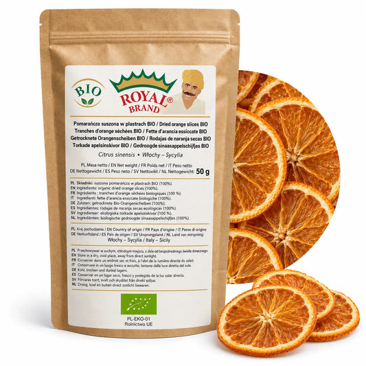Pomarańcza BIO suszona w plastrach 50 g z Sycylii w kraftowym doypaku Royal Brand