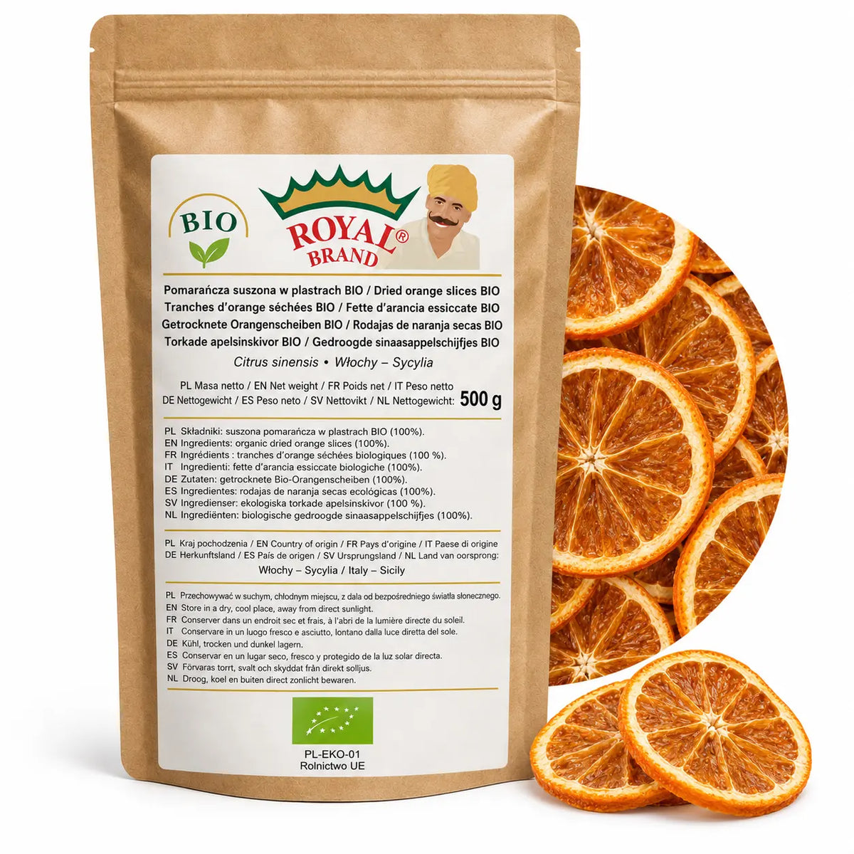 Pomarańcza BIO suszona w plastrach 500 g z Sycylii w kraftowym doypaku Royal Brand