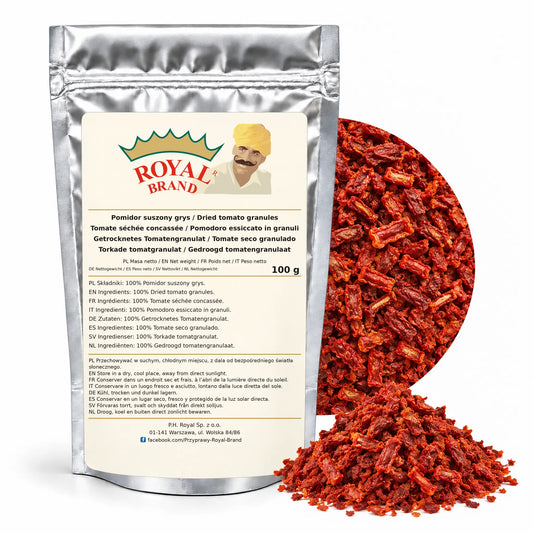 Pomidor suszony grys 100 g Royal Brand — srebrne opakowanie, etykieta w 8 językach