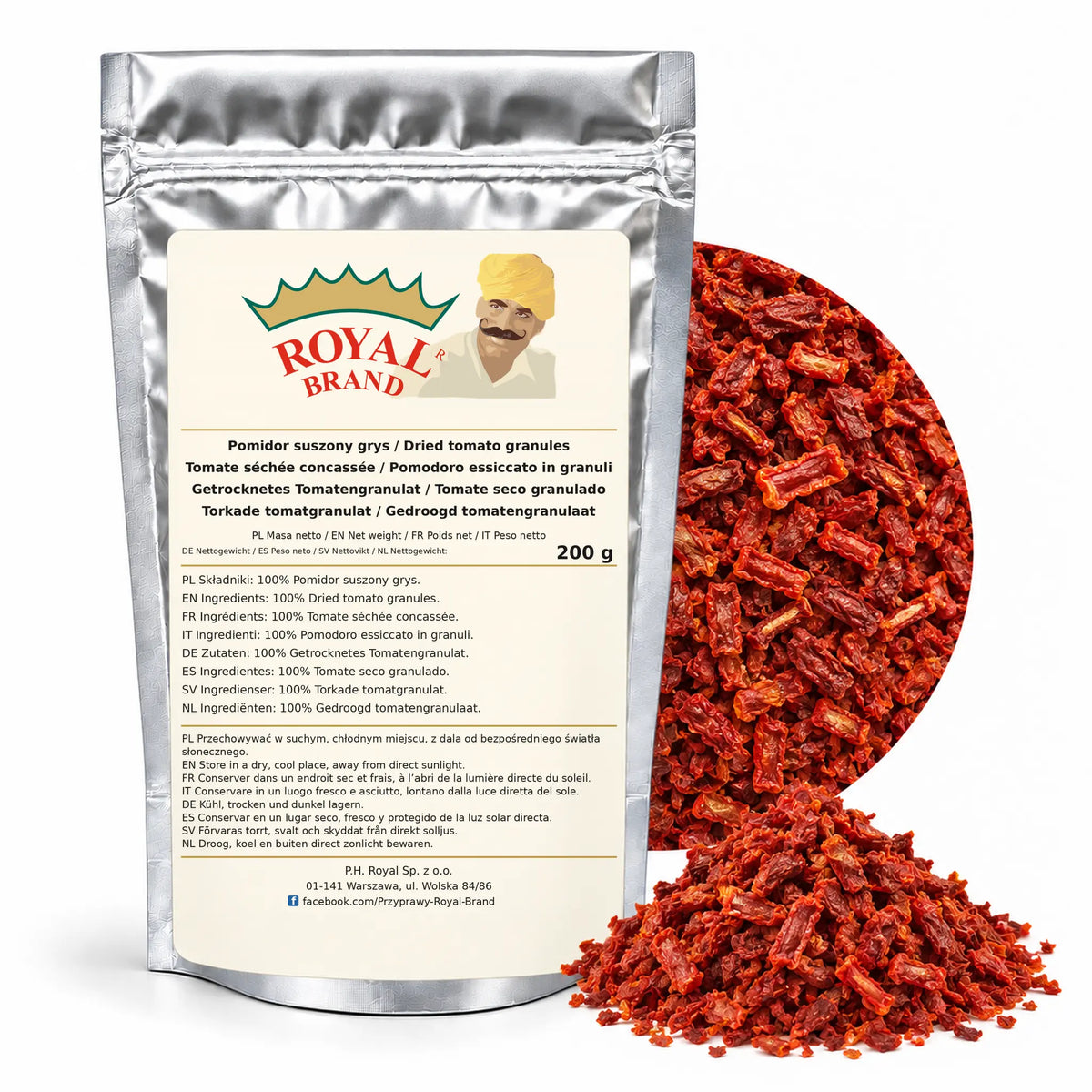 Pomidor suszony grys 200 g Royal Brand — srebrne opakowanie, etykieta w 8 językach