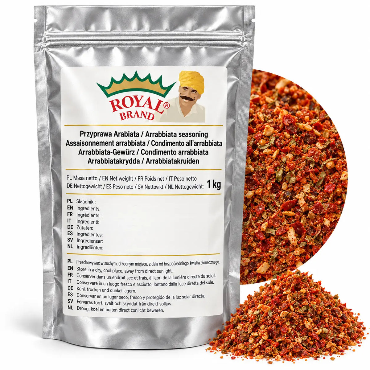 Projekt opakowania: Przyprawa Arabiata 1 kg Royal Brand; logo Royal Brand do weryfikacji.