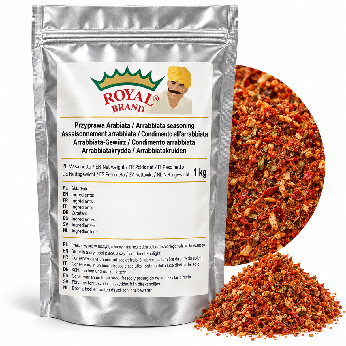 Projekt opakowania: Przyprawa Arabiata 1 kg Royal Brand; logo Royal Brand do weryfikacji.