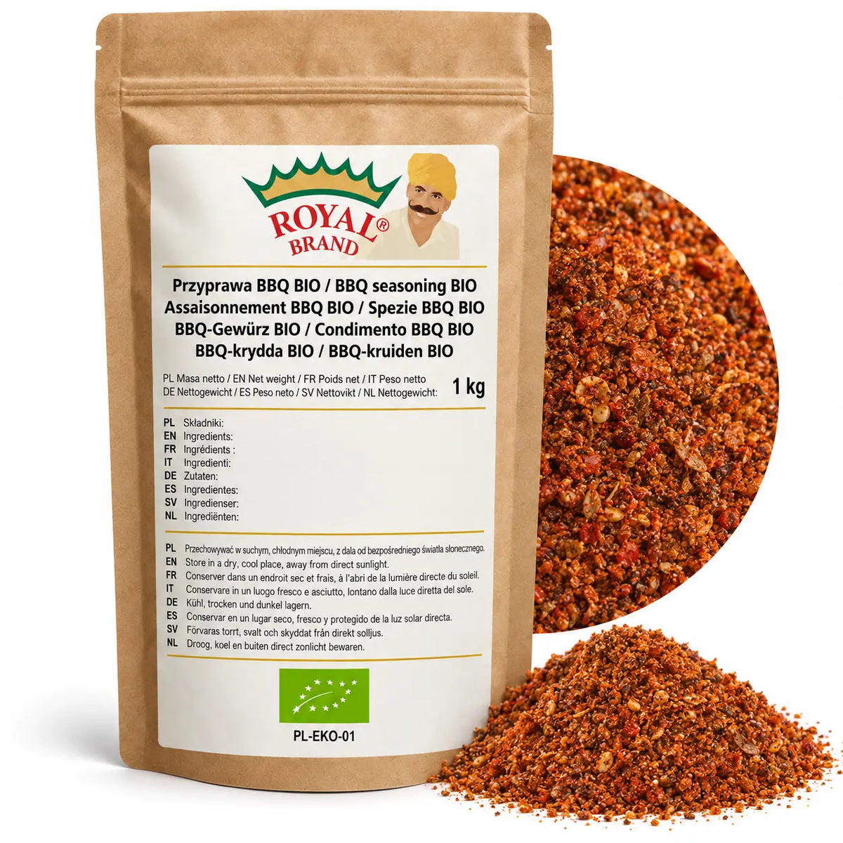 Projekt opakowania: Przyprawa BBQ BIO 1 kg Royal Brand. Zielony listek BIO, PL-EKO-01. Logo marki do weryfikacji.