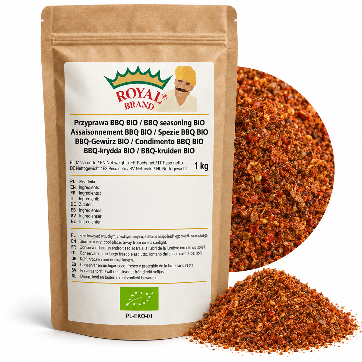 Projekt opakowania: Przyprawa BBQ BIO 1 kg Royal Brand. Zielony listek BIO, PL-EKO-01. Logo marki do weryfikacji.