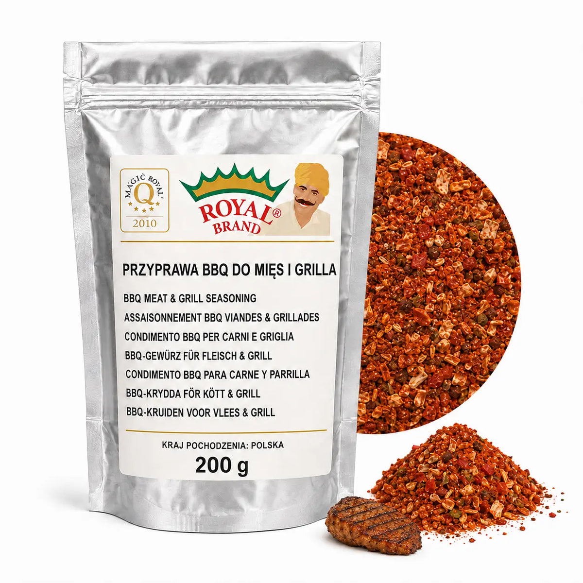 Przyprawa BBQ do Mięs i Grilla 200 g Barbecue Royal Brand – srebrna saszetka Royal Brand z półkolem produktu
