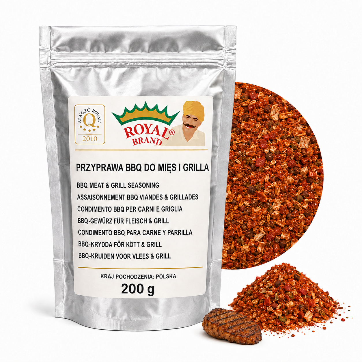 Przyprawa BBQ do Mięs i Grilla 200 g Barbecue Royal Brand – srebrna saszetka Royal Brand z półkolem produktu