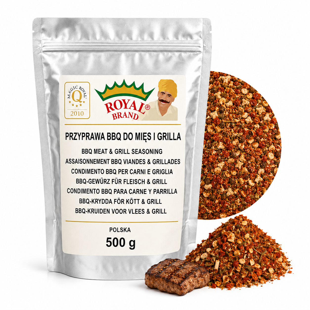 Przyprawa BBQ do Mięs i Grilla 500 g Barbecue Royal Brand – srebrna saszetka Royal Brand z półkolem produktu