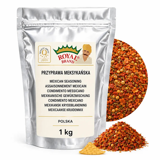 Przyprawa Meksykańska 1 kg do Fajitas Tortilli Burrito Royal Brand – srebrna saszetka Royal Brand z półkolem produktu