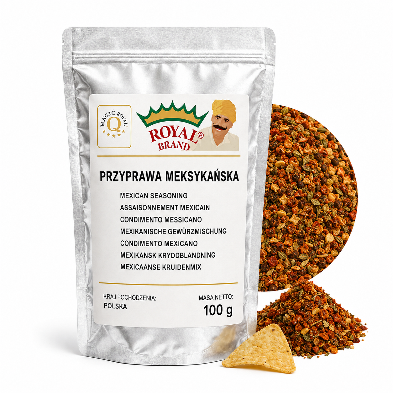Przyprawa Meksykańska 100 g do Fajitas Tortilli Burrito Royal Brand – srebrna saszetka Royal Brand z półkolem produktu