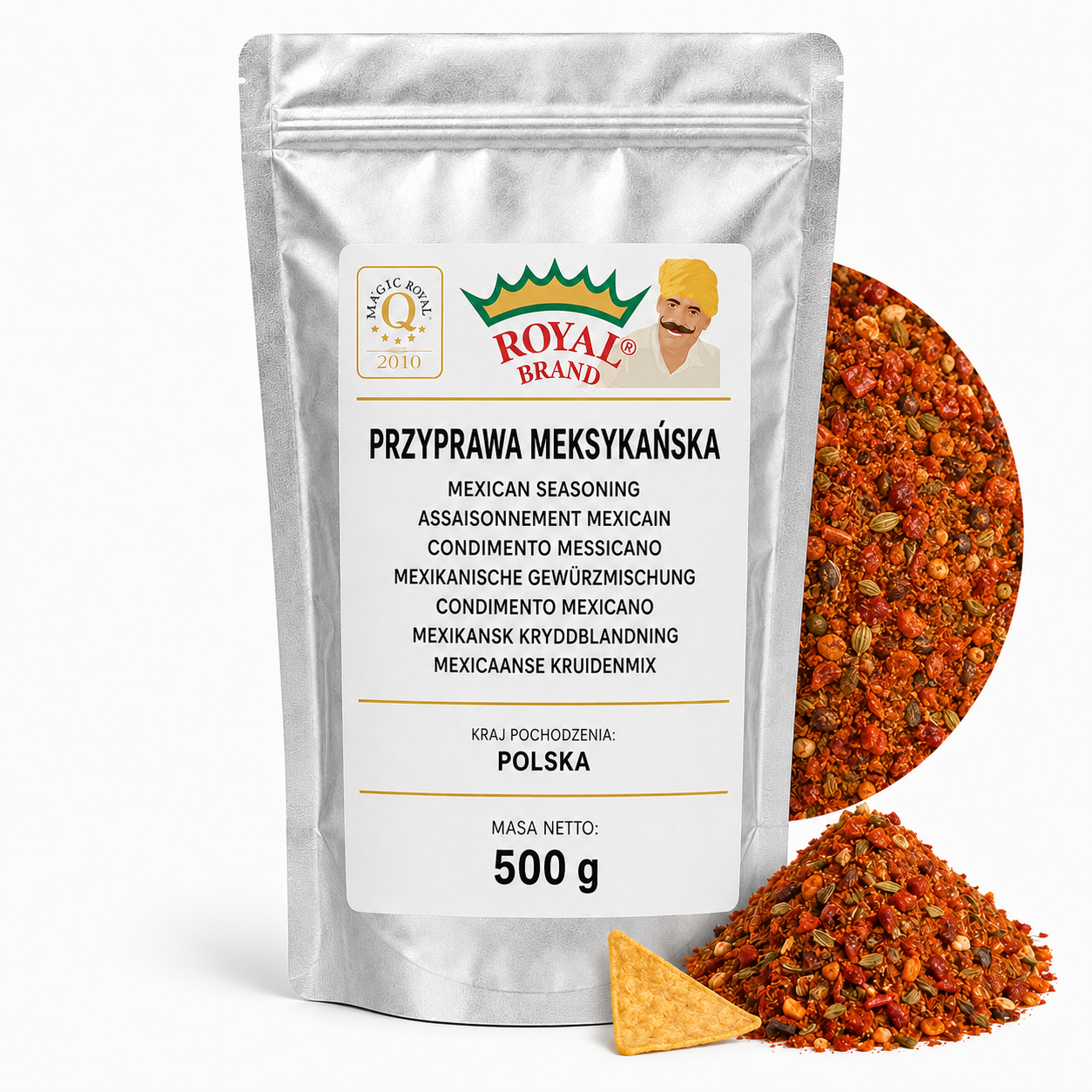 Przyprawa Meksykańska 500 g do Fajitas Tortilli Burrito Royal Brand – srebrna saszetka Royal Brand z półkolem produktu