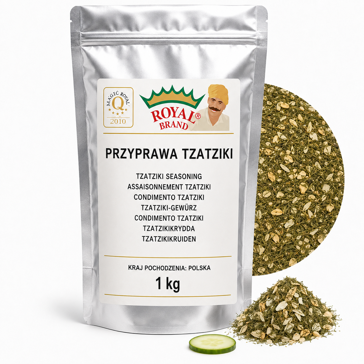 Przyprawa Tzatziki 1 kg do Sosów Dipów i Sałatek Royal Brand – srebrna saszetka Royal Brand z półkolem produktu