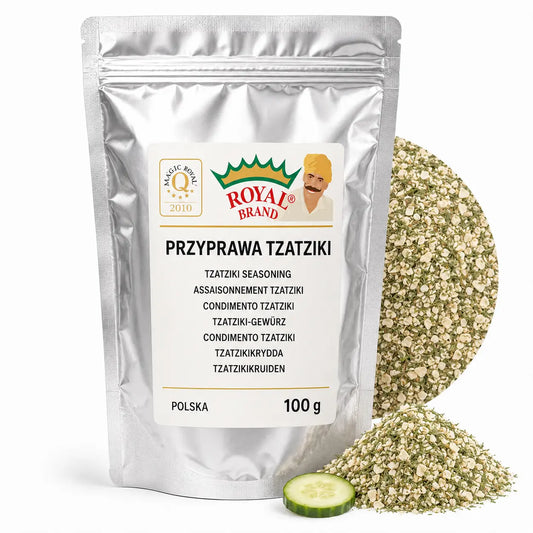 Przyprawa Tzatziki 100 g do Sosów Dipów i Sałatek Royal Brand – srebrna saszetka Royal Brand z półkolem produktu