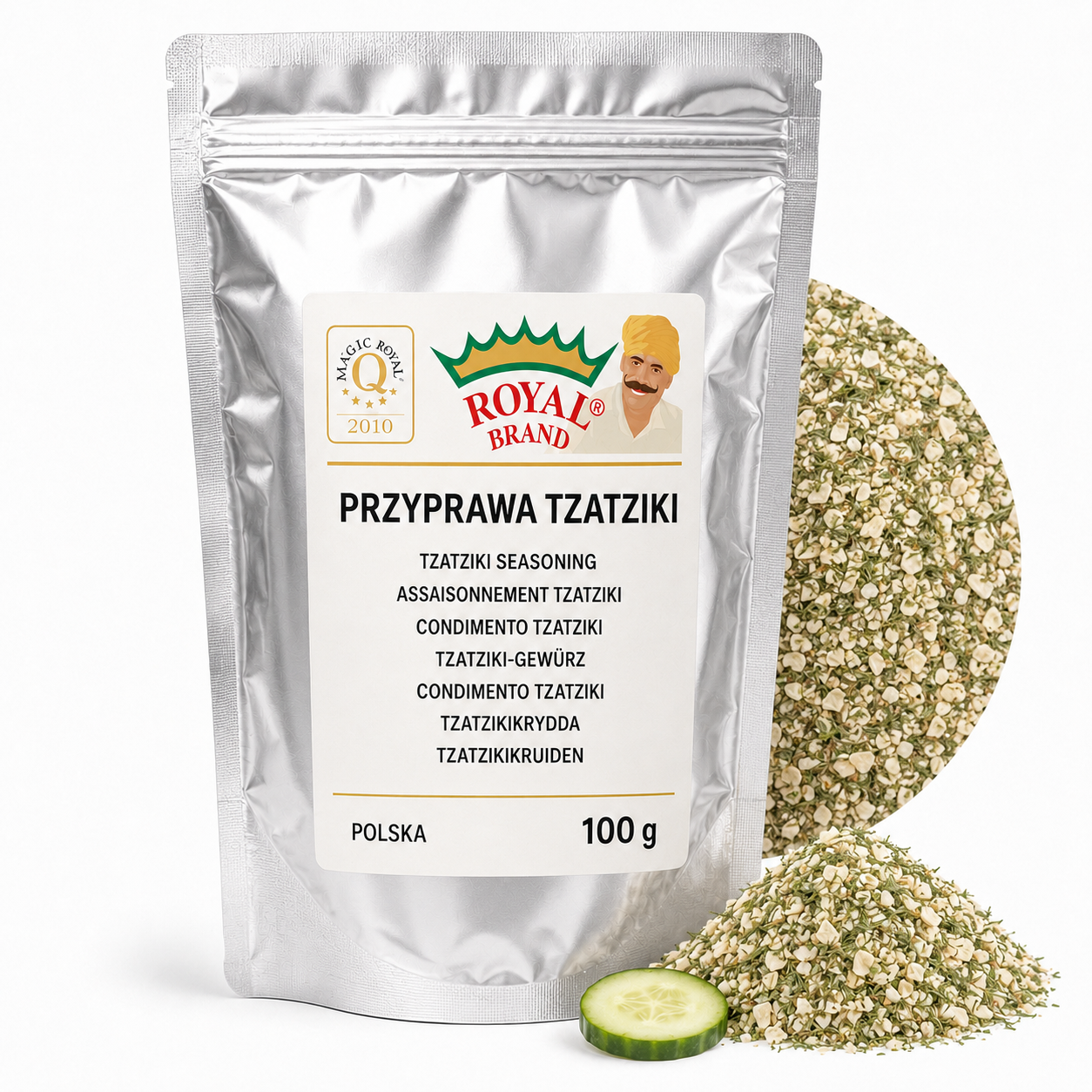 Przyprawa Tzatziki 100 g do Sosów Dipów i Sałatek Royal Brand – srebrna saszetka Royal Brand z półkolem produktu