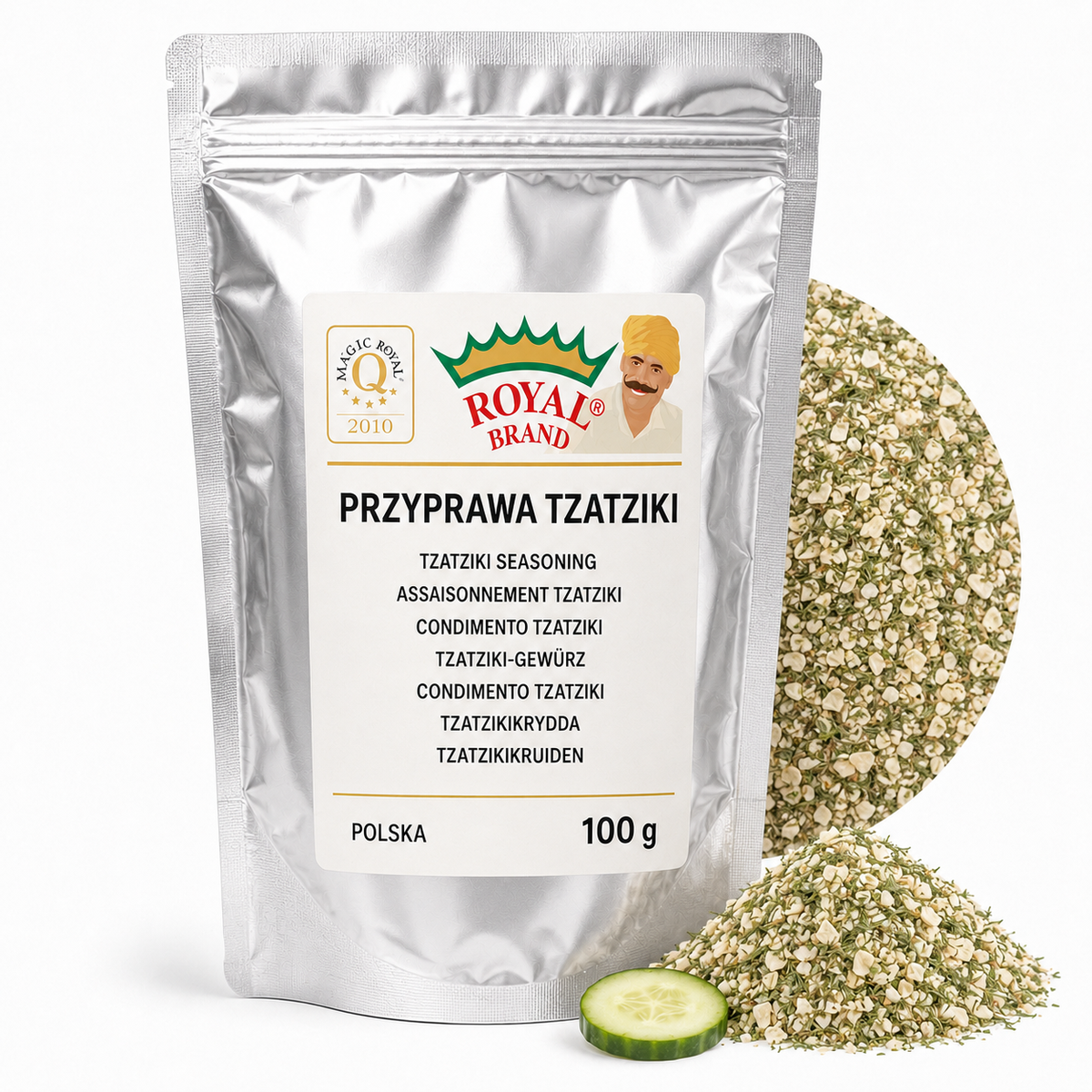 Przyprawa Tzatziki 100 g do Sosów Dipów i Sałatek Royal Brand – srebrna saszetka Royal Brand z półkolem produktu