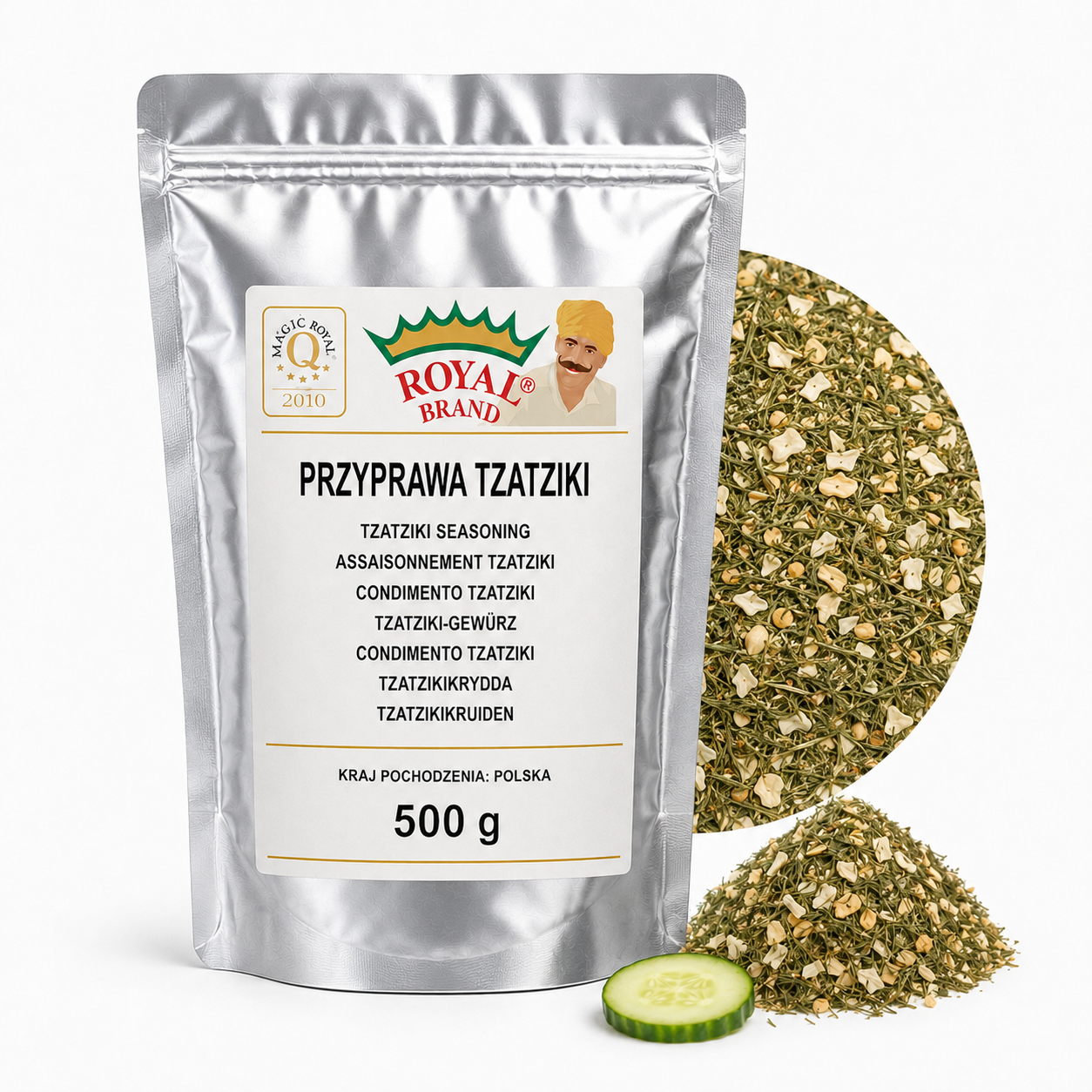 Przyprawa Tzatziki 500 g do Sosów Dipów i Sałatek Royal Brand – srebrna saszetka Royal Brand z półkolem produktu