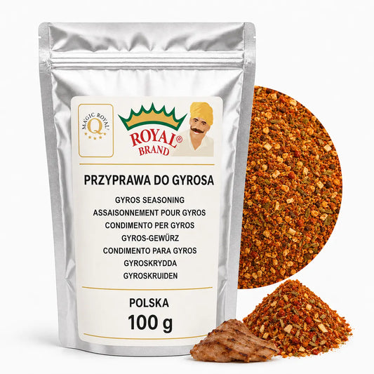 Przyprawa do Gyrosa i Kebaba 100 g do Marynaty Royal Brand – srebrna saszetka Royal Brand z półkolem produktu