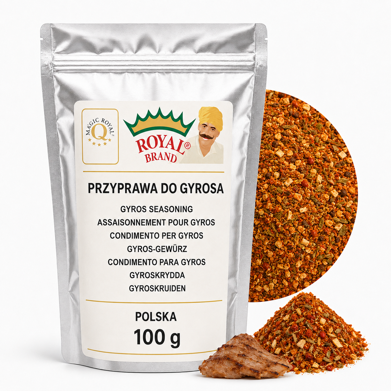 Przyprawa do Gyrosa i Kebaba 100 g do Marynaty Royal Brand – srebrna saszetka Royal Brand z półkolem produktu