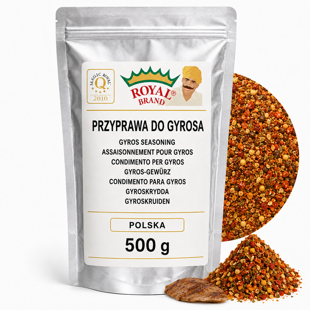 Przyprawa do Gyrosa i Kebaba 500 g do Marynaty Royal Brand – srebrna saszetka Royal Brand z półkolem produktu