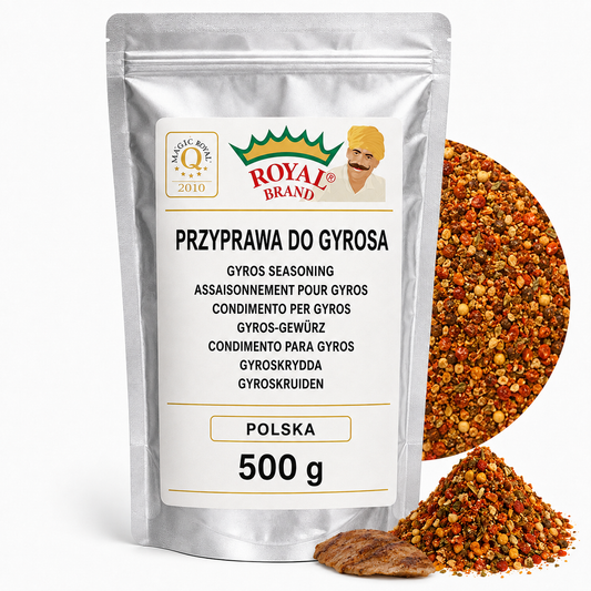 Przyprawa do Gyrosa i Kebaba 500 g do Marynaty Royal Brand – srebrna saszetka Royal Brand z półkolem produktu