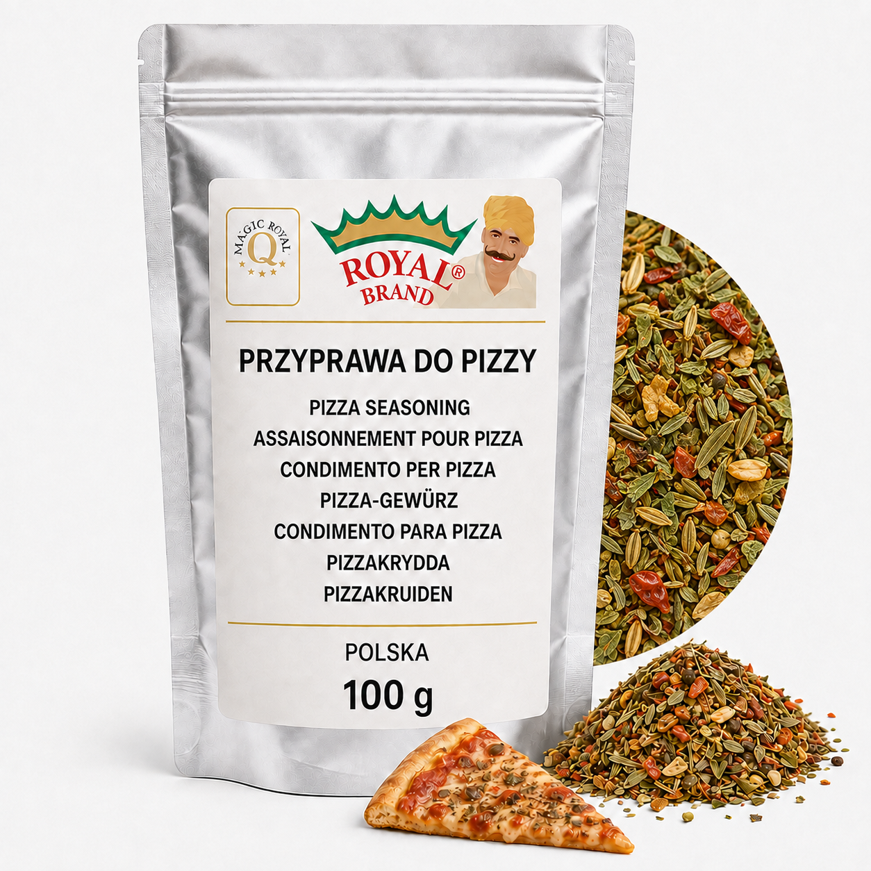 Przyprawa do Pizzy 100 g do Sosu i Focacci Royal Brand – srebrna saszetka Royal Brand z półkolem produktu