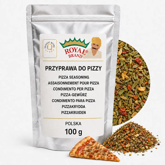 Przyprawa do Pizzy 100 g do Sosu i Focacci Royal Brand – srebrna saszetka Royal Brand z półkolem produktu