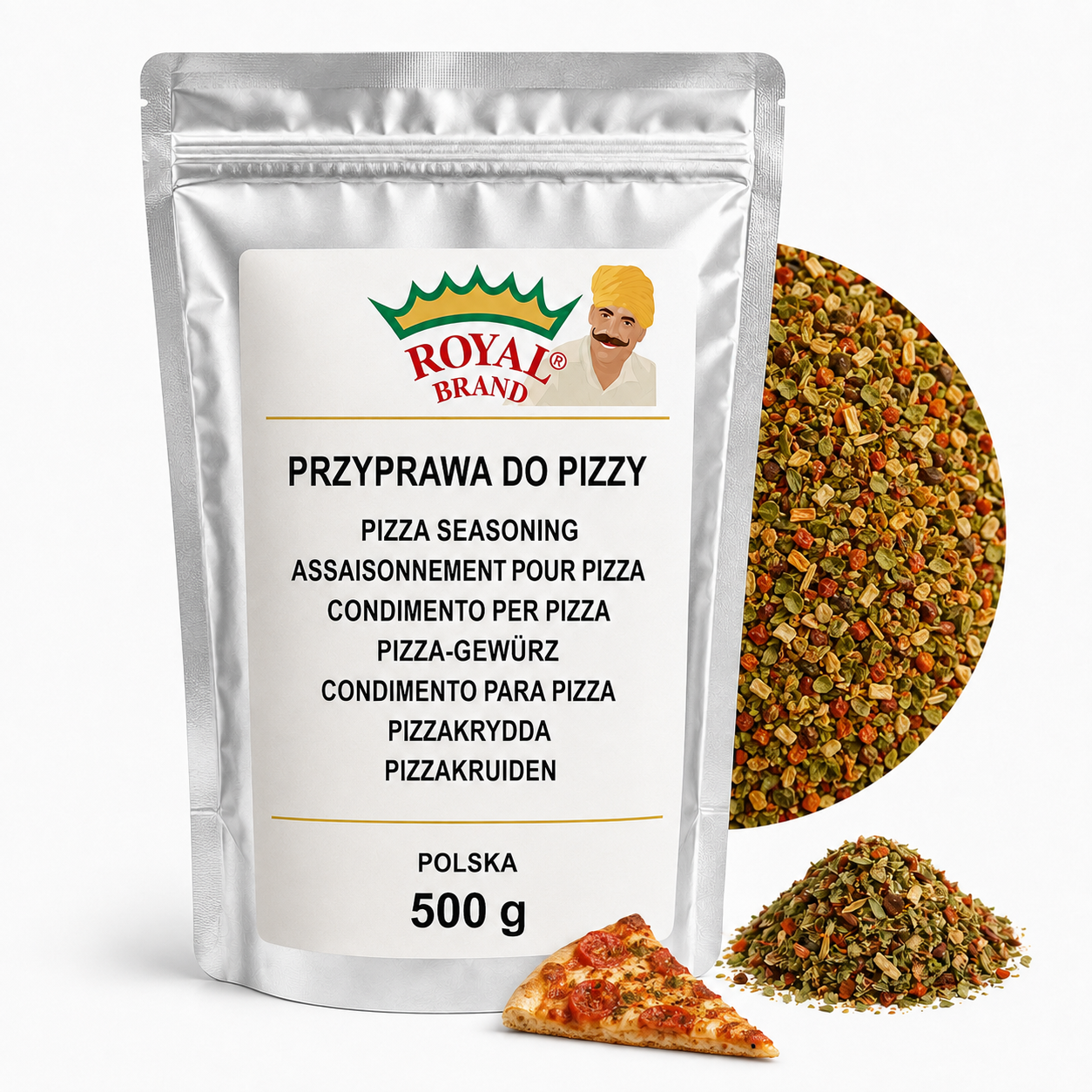 Przyprawa do Pizzy 500 g do Sosu i Focacci Royal Brand – srebrna saszetka Royal Brand z półkolem produktu