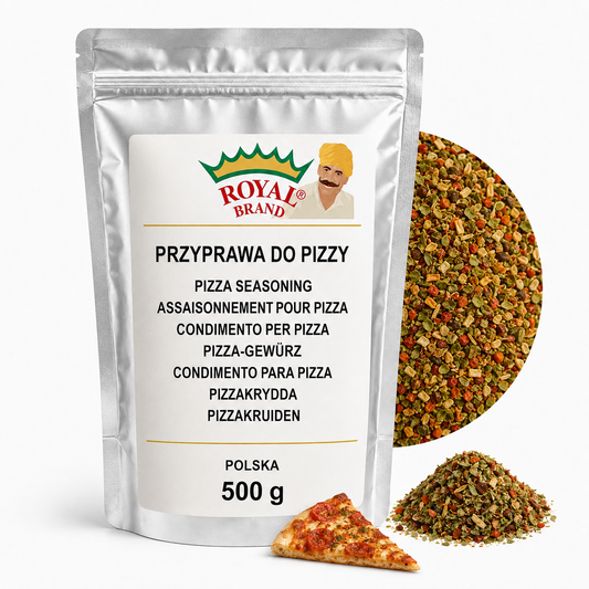 Przyprawa do Pizzy 500 g do Sosu i Focacci Royal Brand – srebrna saszetka Royal Brand z półkolem produktu