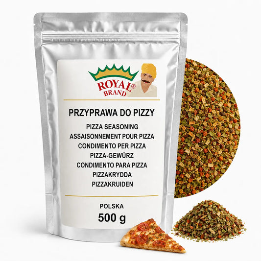 Przyprawa do Pizzy 500 g do Sosu i Focacci Royal Brand – srebrna saszetka Royal Brand z półkolem produktu
