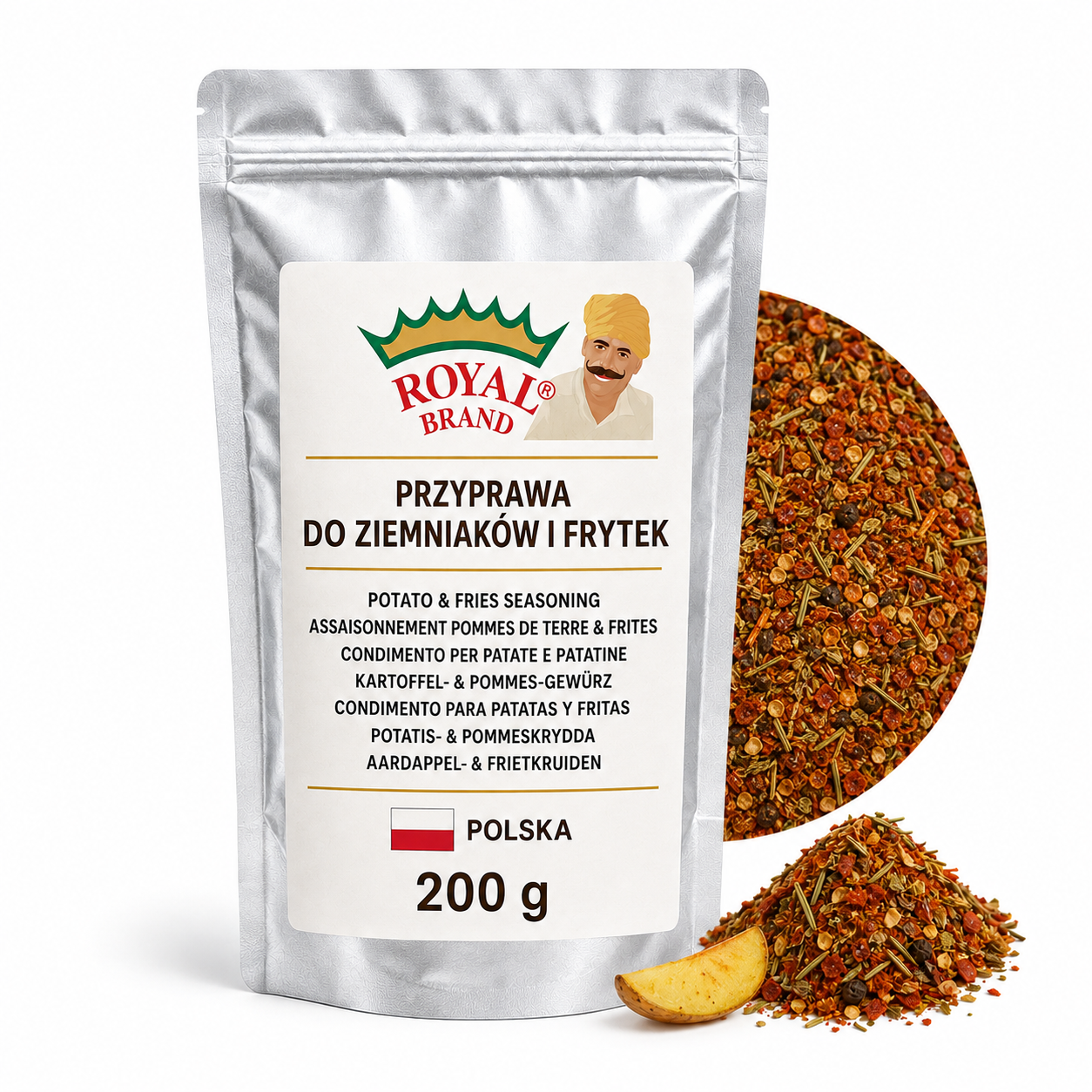 Przyprawa do Ziemniaków Frytek i Puree 200 g Royal Brand – srebrna saszetka Royal Brand z półkolem produktu