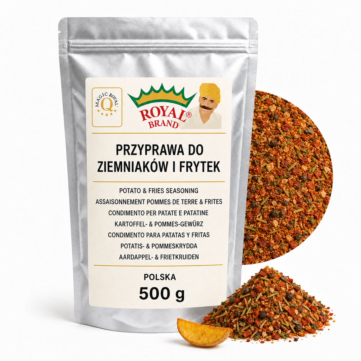 Przyprawa do Ziemniaków Frytek i Puree 500 g Royal Brand – srebrna saszetka Royal Brand z półkolem produktu