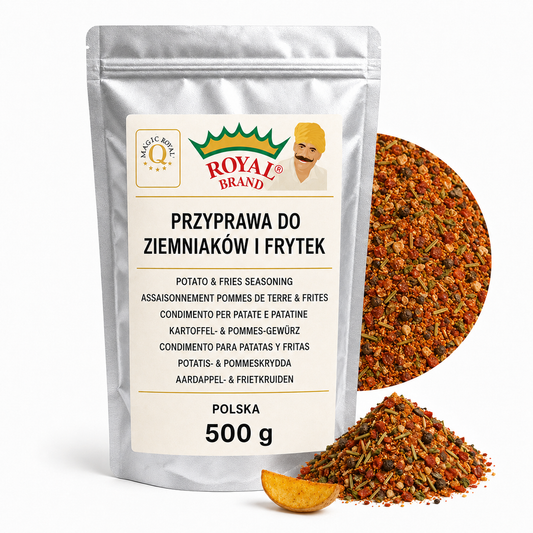 Przyprawa do Ziemniaków Frytek i Puree 500 g Royal Brand – srebrna saszetka Royal Brand z półkolem produktu