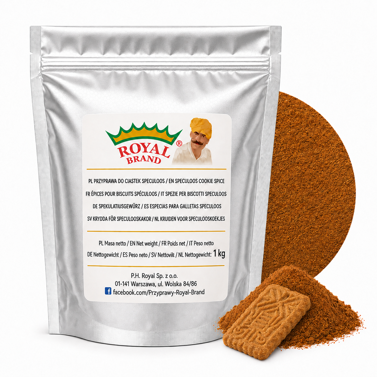Przyprawa do ciastek Speculoos 1 kg Royal Brand – srebrna saszetka, półkole i dekoracyjne ciasteczko