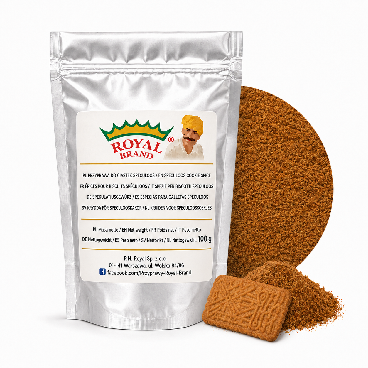Przyprawa do ciastek Speculoos 100 g Royal Brand – srebrna saszetka, półkole i dekoracyjne ciasteczko