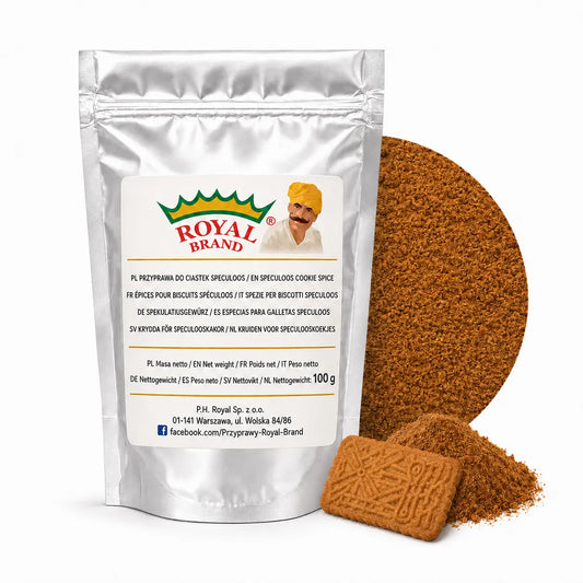 Przyprawa do ciastek Speculoos 100 g Royal Brand – srebrna saszetka, półkole i dekoracyjne ciasteczko