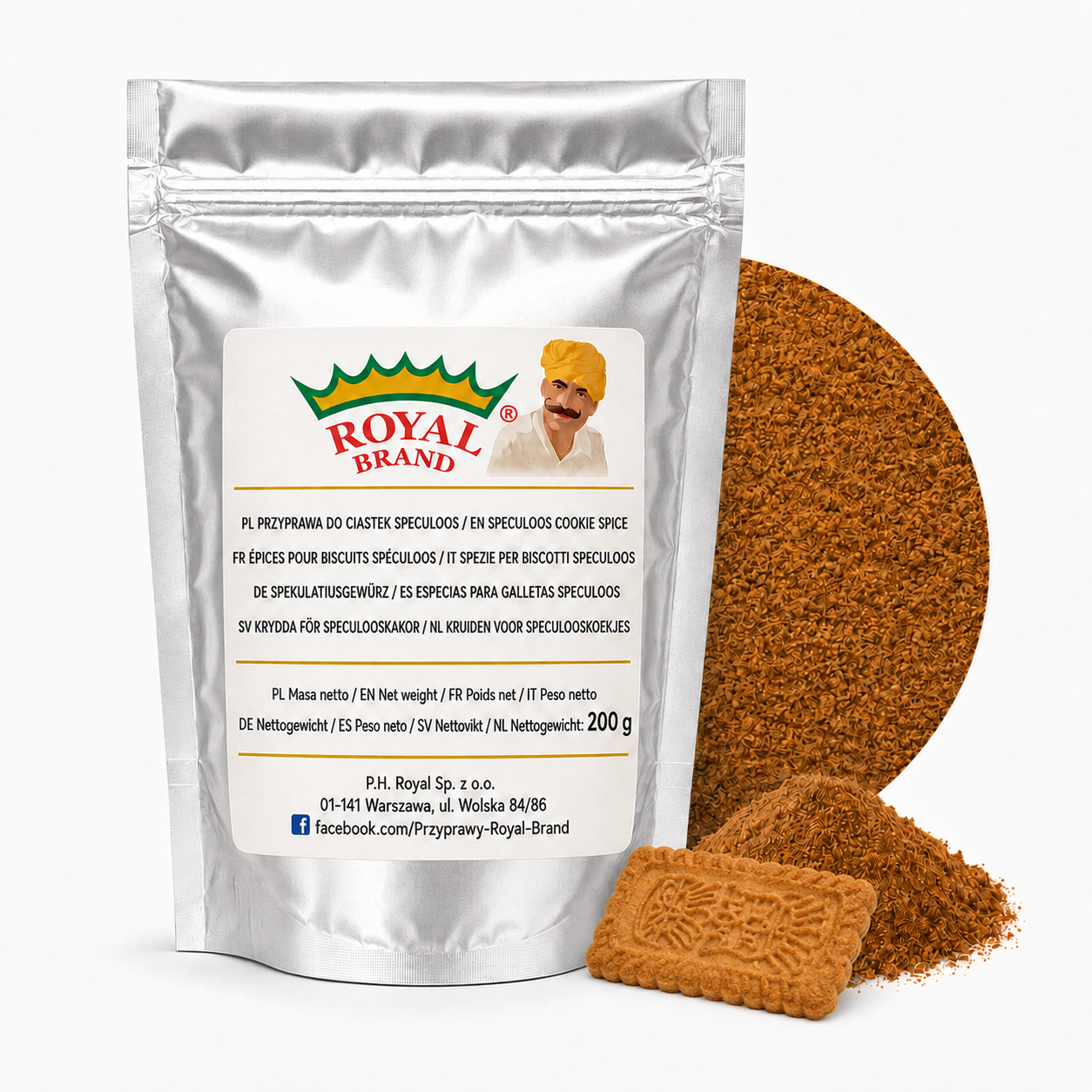 Przyprawa do ciastek Speculoos 200 g Royal Brand – srebrna saszetka, półkole i dekoracyjne ciasteczko