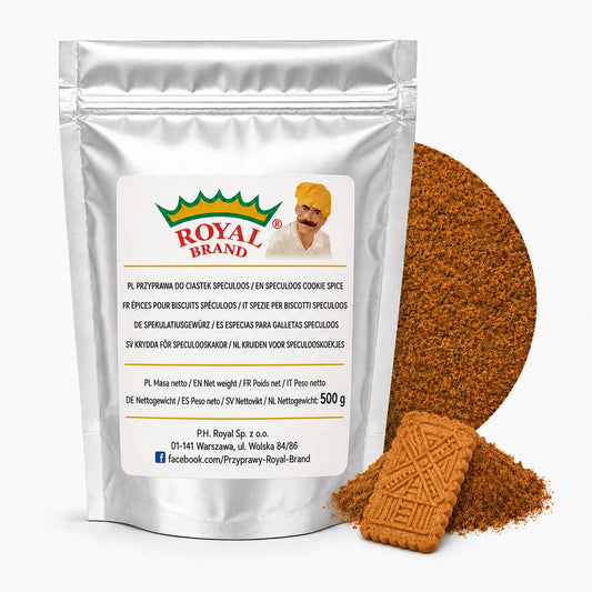 Przyprawa do ciastek Speculoos 500 g Royal Brand – srebrna saszetka, półkole i dekoracyjne ciasteczko