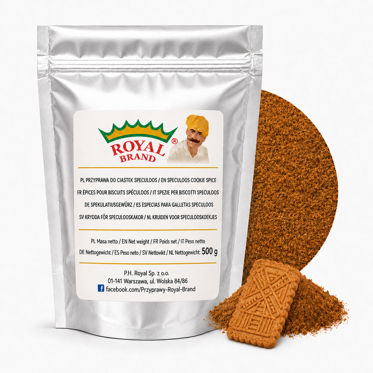 Przyprawa do ciastek Speculoos 500 g Royal Brand – srebrna saszetka, półkole i dekoracyjne ciasteczko