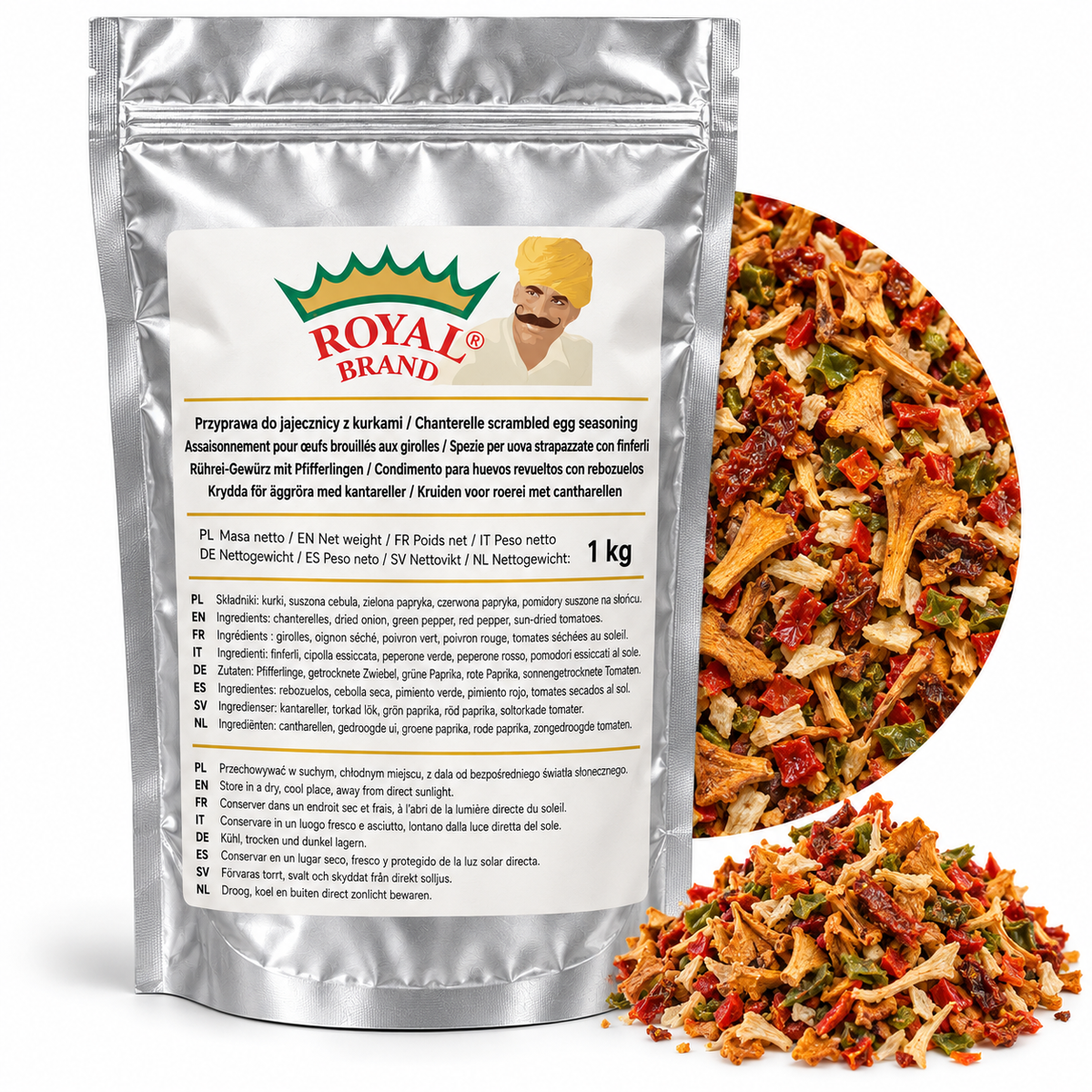 Projekt opakowania: Przyprawa do jajecznicy z kurkami 1 kg Royal Brand; logo Royal Brand do weryfikacji.