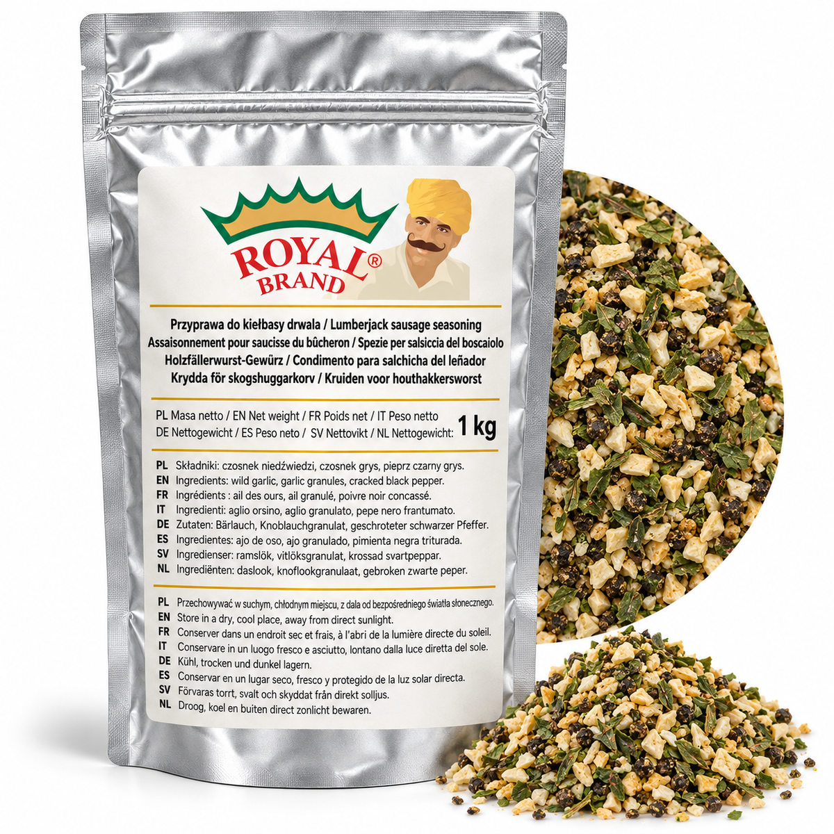 Projekt opakowania: Przyprawa do kiełbasy drwala 1 kg Royal Brand. Logo marki do weryfikacji.