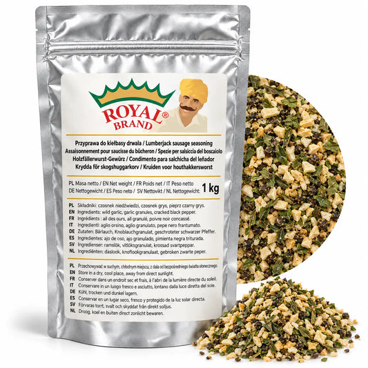 Projekt opakowania: Przyprawa do kiełbasy drwala 1 kg Royal Brand. Logo marki do weryfikacji.
